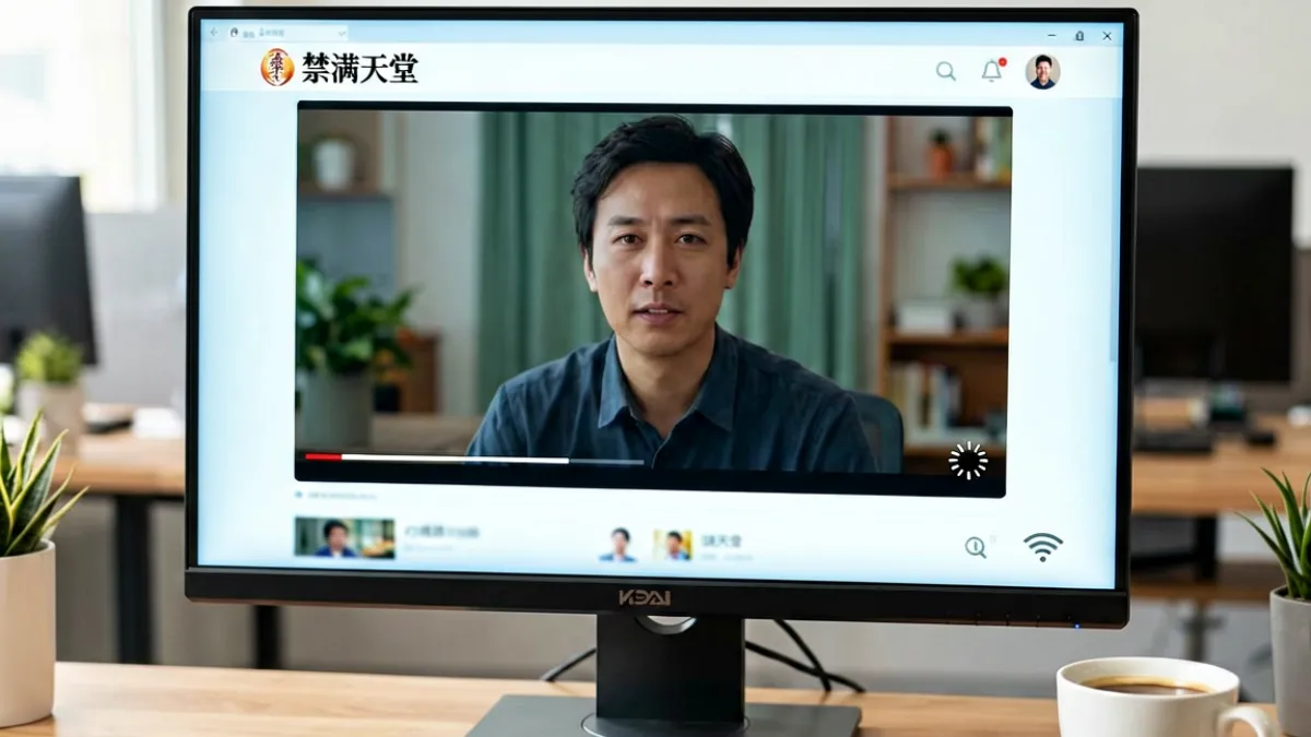 电脑显示器上显示禁满天堂播放页面，视频加载中进度条缓慢推进，旁边伴有网络波动提示图标