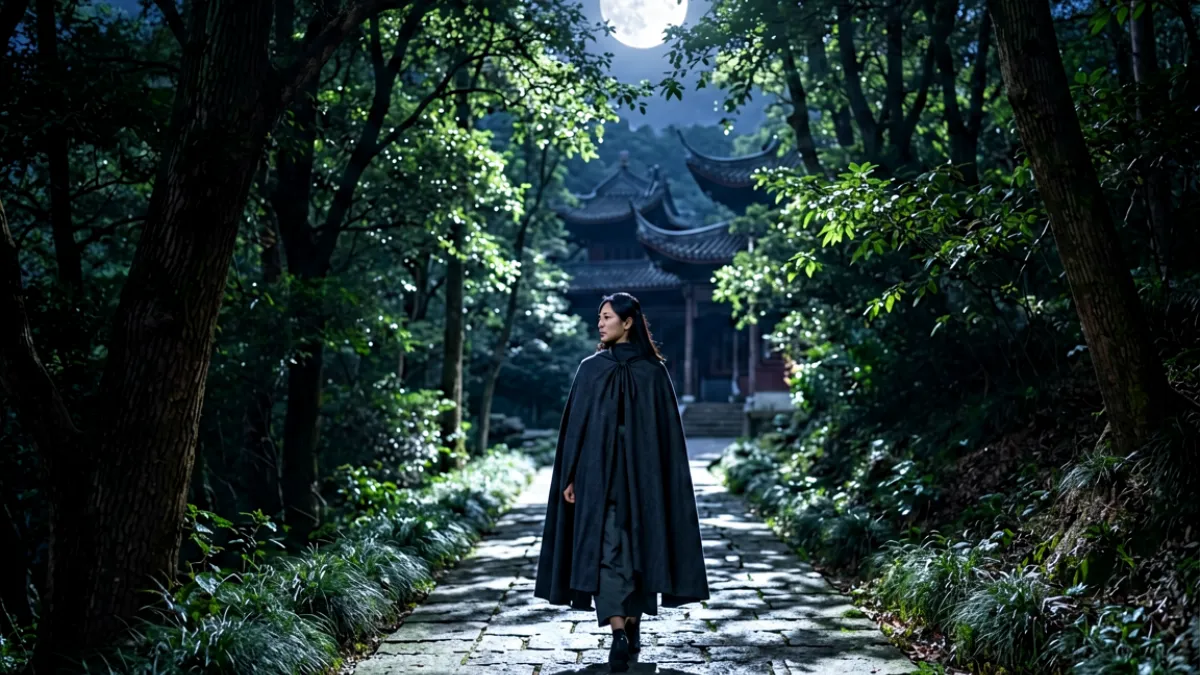 山海夜行录主角在林间夜行的场景，月光穿透树叶照亮石板路，远处隐约可见古建筑飞檐轮廓